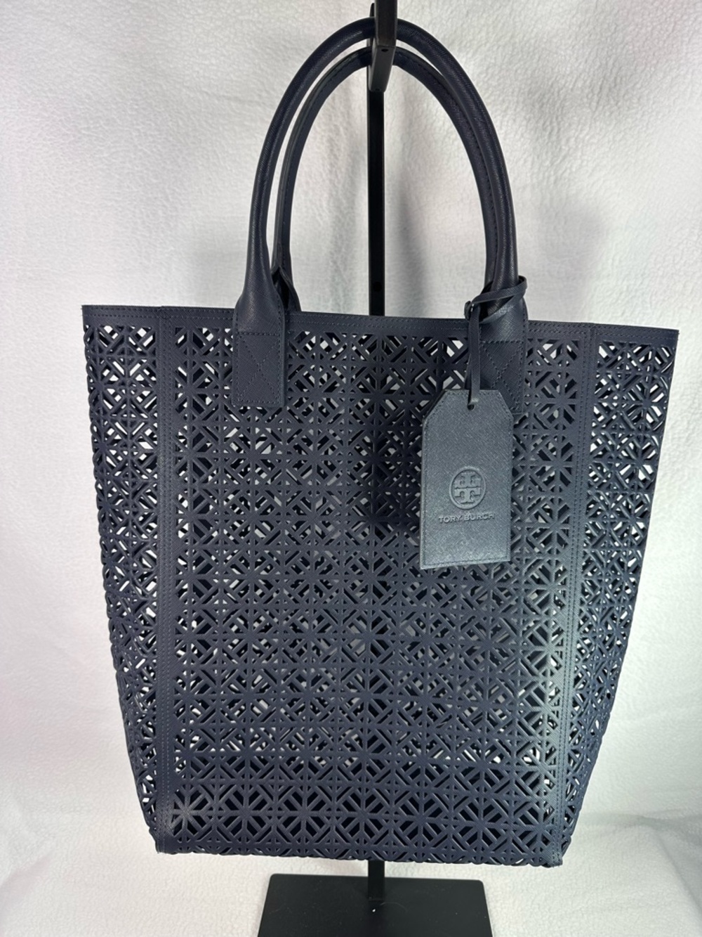 Tory Burch Navy Laser-Cut Leather Tote